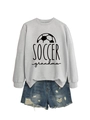Flat lay of gray soccer grandma sweatshirt paired with distressed denim shorts - S / Grey (Black Print)