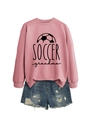 Close-up of pink Soccer Grandma sweatshirt with ribbed cuffs and distressed denim shorts - S / Rose Gold (Black Print)