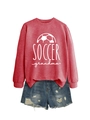 Detail of Soccer Grandma heather red crewneck sweatshirt with distressed denim shorts - S / Red (White Print)