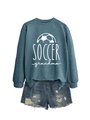 Flat lay of a misty blue Soccer Grandma sweatshirt paired with distressed denim shorts - S / Blue (White Print)
