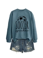 Flat lay of a grey soccer grandma sweatshirt paired with distressed blue denim shorts - S / Blue (Black Print)