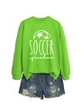 Flat lay of neon green soccer grandma sweatshirt with distressed blue denim shorts - S / Fluorescent Green (White Print)
