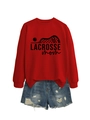 Detail of red crewneck sweatshirt with Lacrosse Mom print and distressed denim shorts - S / Red (Black Font)