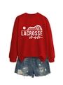 Detail of red Lacrosse Mom crewneck sweatshirt with white printed graphic and denim shorts - S / Red (White Font)