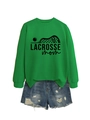 Detailed flat lay of green crewneck sweatshirt with Lacrosse Mom print and denim shorts - S / Grass Green (Black Font)