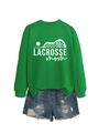 Detail of green Lacrosse Mom sweatshirt with white graphic print and denim shorts - S / Grass Green (White Font)