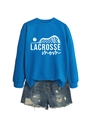 Detail of blue Lacrosse Mom sweatshirt print and distressed denim shorts texture - S / Lake Blue (White Font)