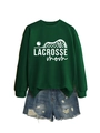 Detail of Lacrosse Mom graphic print on a dark green crewneck sweatshirt and denim shorts - S / Dark Green (White Font)