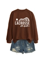 Close-up of brown Lacrosse Mom sweatshirt paired with distressed blue denim shorts - S / Coffee (White Font)