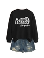 Detailed flat lay of Lacrosse Mom sweatshirt and distressed blue denim shorts - S / Black (White Font)