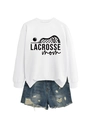 Detailed flat lay of white Lacrosse Mom sweatshirt and distressed denim shorts - S / White (Black Font)