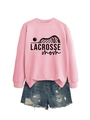 Flat lay of pink Lacrosse Mom sweatshirt paired with distressed blue denim shorts - S / Pink (Black Font)