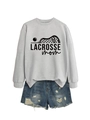 Flat lay of light grey Lacrosse Mom sweatshirt and blue distressed denim shorts - S / Grey (Black Font)