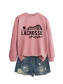 Detailed view of pink Lacrosse Mom sweatshirt and distressed denim shorts on white background - S / Rose Gold (Black Font)