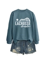 Close-up of Lacrosse Mom sweatshirt and denim shorts set with ribbed cuffs and white background - S / Blue (White Font)