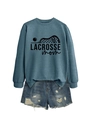 Detail of blue Lacrosse Mom sweatshirt with ribbed cuffs and matching denim shorts - S / Blue (Black Font)
