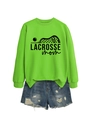 Close-up of neon green Lacrosse Mom crewneck sweatshirt with vintage denim shorts - S / Fluorescent Green (Black Font)