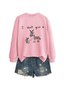 Détail d'un sweat rose à col rond avec illustration d'animaux mignons et texte amusant - S / Rose