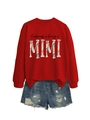 Detail of red sweatshirt with Happiness is being a MIMI print and ripped denim shorts - S / Red (Black Graphics)
