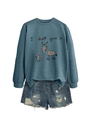 Détail d'un sweat-shirt à col rond avec illustration de cheval et short en jean - S / Bleu