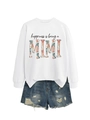 Detail of white Mimi sweatshirt with floral print paired with distressed denim shorts - White (Black Text)