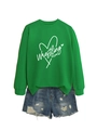 Close-up of Wrestling Mom heart print sweatshirt and distressed denim shorts set - S / Grass Green (White Font)