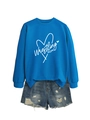Flat lay of royal blue Wrestling Mom sweatshirt paired with ripped denim shorts - Lake Blue (White Font)