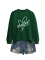 Detail view of Wrestling Mom sweatshirt fabric texture and distressed denim shorts design - Dark Green (White Font)