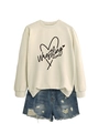 Flat lay of cream crewneck sweatshirt with Wrestling Mom print and ripped denim shorts - Sand (Black Font)