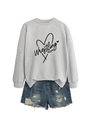 Detail of grey Wrestling Mom sweatshirt paired with distressed denim shorts on white background - Grey (Black Font)