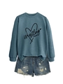 Detail of Wrestling Mom print on a blue long sleeve sweatshirt with denim shorts - Blue (Black Font)