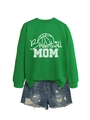 Piatto del pullover verde Basketball MOM abbinato a pantaloncini in denim strappati - S / Verde Erba (Stampa Bianca)