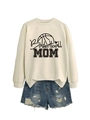 Detail of beige crewneck sweatshirt featuring black Basketball MOM graphic print - Sand (Black Print)