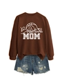 Flat lay of brown Basketball MOM sweatshirt paired with distressed denim shorts - Coffee (White Print)