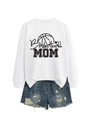 Detailed flat lay of white Basketball MOM sweatshirt with casual distressed denim shorts - White (Black Print)