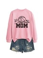 Detail of pink long sleeve sweatshirt with Basketball MOM print and ripped denim shorts - Pink (Black Print)