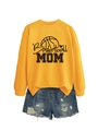 Flat lay of yellow Basketball MOM sweatshirt paired with distressed denim shorts - Yellow (Black Print)