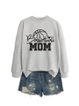 Detailed flat lay of a light grey Basketball Mom sweatshirt and blue distressed denim shorts - Grey (Black Print)