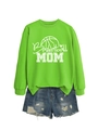 Detail of Basketball MOM print on green crewneck sweatshirt with denim shorts - Fluorescent Green (White Print)