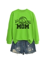 Detail of bright green Basketball MOM sweatshirt with blue distressed denim shorts set - Fluorescent Green (Black Print)