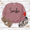 Detail of smile print and red heart patch on mauve pink long-sleeved casual sweatshirt - Pink (Black Text)