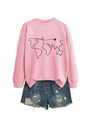 Flat lay of pink sweatshirt with airplane and world map line art and denim shorts - S / Pink (Black Print)