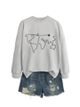Flat lay of a grey crewneck sweatshirt with map print and distressed denim shorts - S / Grey (Black Print)