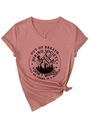 Detail of V-neck hiking society t-shirt featuring front knot and mountain graphic print - S / Rose Gold (Black Graphic)