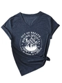 Close-up of Out of Breath Hiking Society logo on grey V-neck slim fit short sleeve t-shirt - S / Navy Blue (White Graphic)