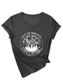 Detail view of V-neck dark grey hiking t-shirt with mountain print and tied hem design - S / Heather Grey (White Graphic)