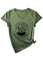 Detail of V-neck grey hiking t-shirt with front print and stylish hem knot design - S / Olive Green (Black Graphic)