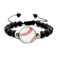 Verstelbare zwarte matte kralenarmband met wit honkbalmotief en zilverkleurige accenten - Honkbal Stijl (JY007981-5)