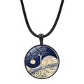 Round glass pendant necklace with Yin Yang tree of life design on black cord - Tree of Life Sun Moon Style (JY007933-3)