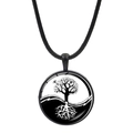 Yin Yang Tree of Life glass pendant necklace with adjustable black braided rope cord - Black and White Tree of Life Style (JY007933-6)